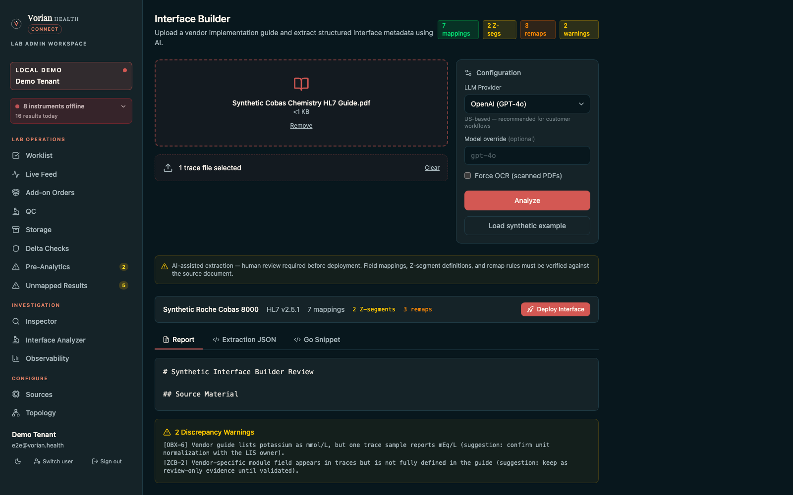 Docbuilder dashboard showing vendor document extraction, protocol detection, field mapping context, discrepancy review, and generated interface notes.