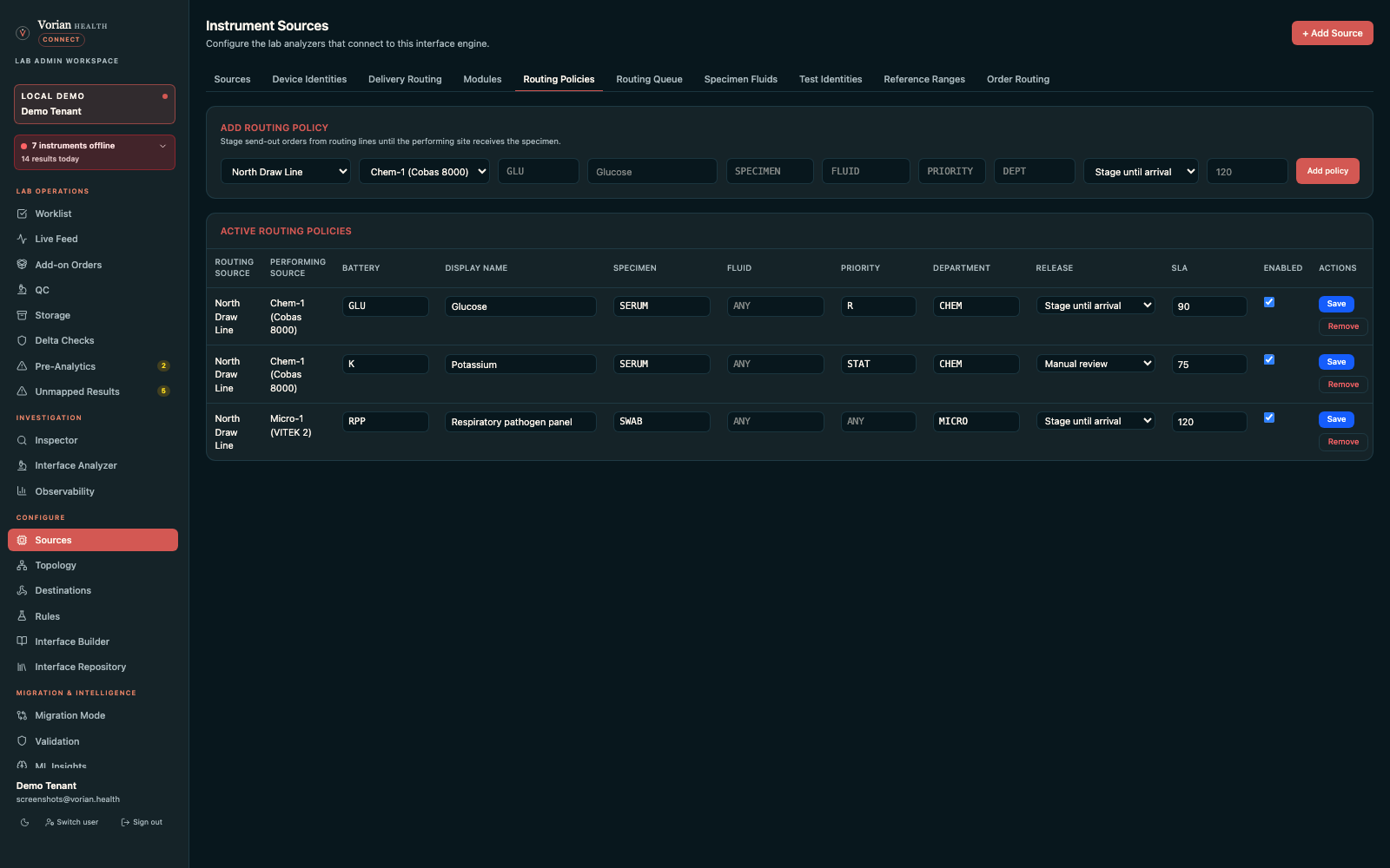Routing Policies dashboard showing routing source, performing source, battery, specimen, fluid, priority, department, release behavior, SLA, enabled state, and save actions.